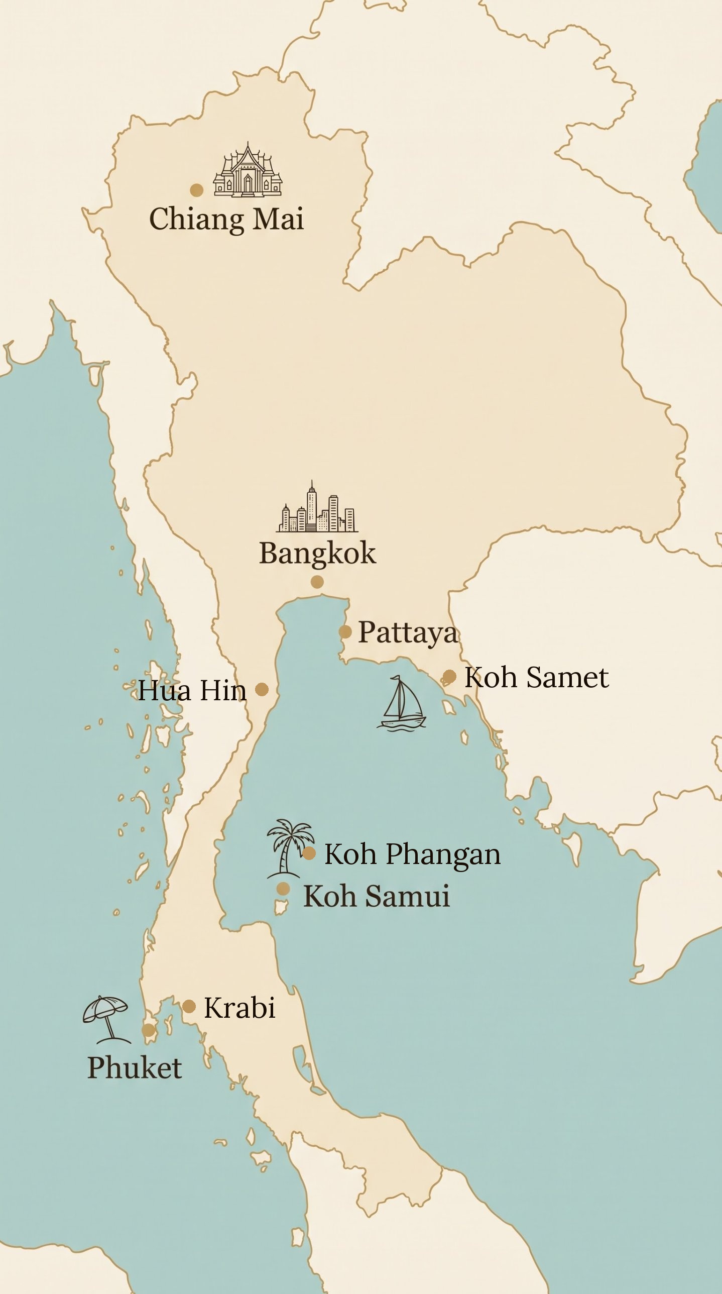 Map of Thailand showing Chiang Mai, Bangkok, Pattaya, Koh Samui and Phuket